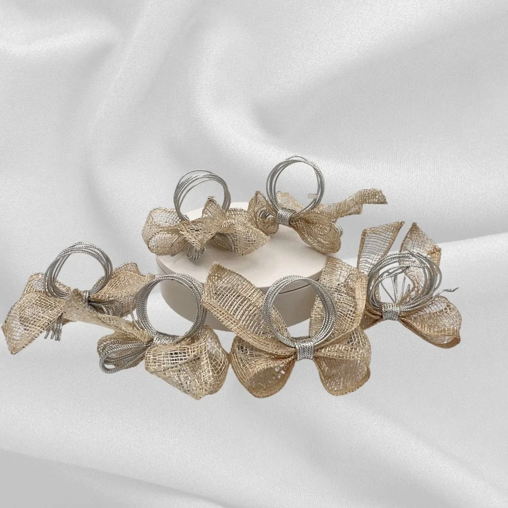 Rustic Burlap & Silver Wire Bow Napkin Rings  Set of 6‎ Farmhouse Shabby Chic